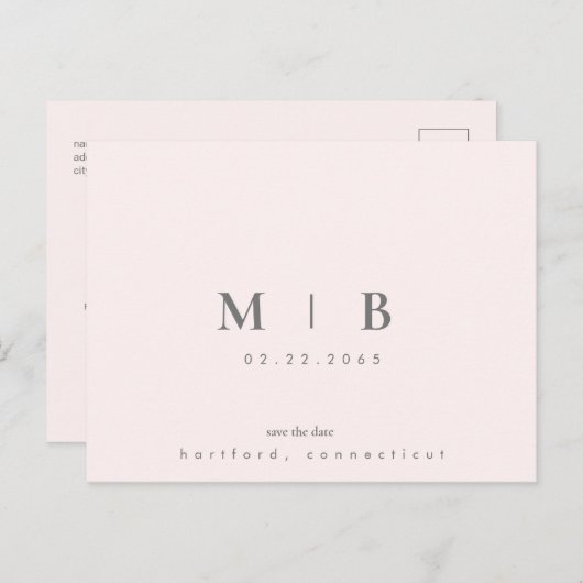 Einfache Sleek Monogram Blush Wedding Save the Dat Ankündigungspostkarte (Vorne/Hinten)