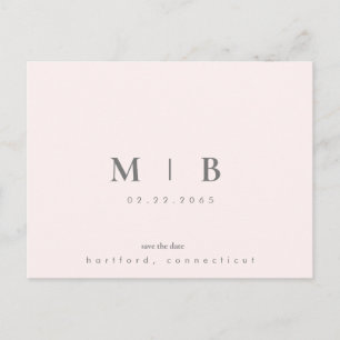 Einfache Sleek Monogram Blush Wedding Save the Dat Ankündigungspostkarte