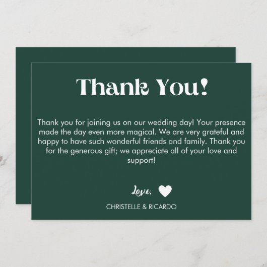 Einfache Smaragdgrün Skript Hochzeit danke Ankündigung (Vorne/Hinten)