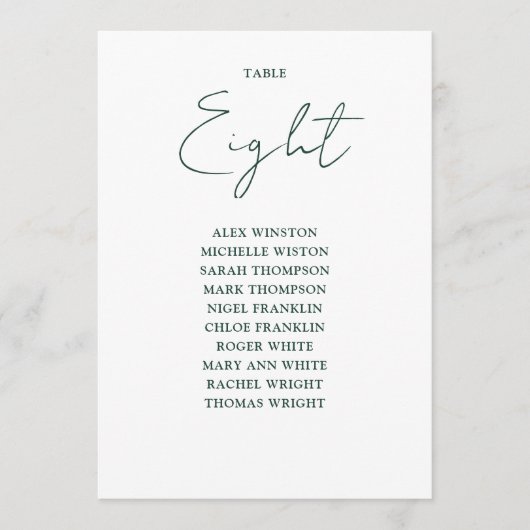 Einfache Smaragdgrüne Sitzkarte Tischnummer (Vorderseite)