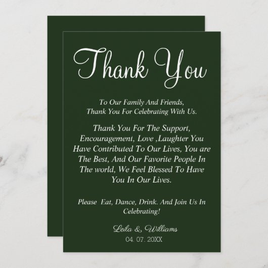 Einfache smaragdgrüne Vorlage danke Ihnen Hochzeit (Vorne/Hinten)