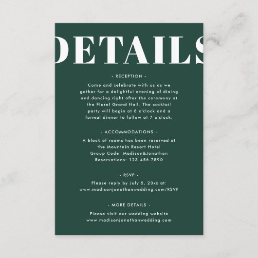 Einfache Smarald Green Bold moderne Hochzeitsdetai Begleitkarte (Vorderseite)