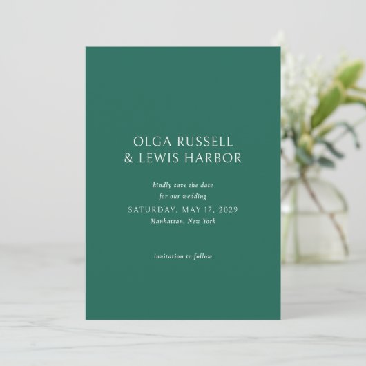 Einfache Smarald Green Modern Wedding Save The Date (Stehend Vorderseite)