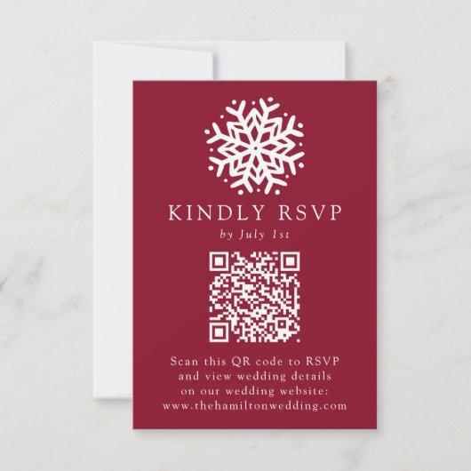 Einfache Snowflake Burgund QR Code Hochzeit RSVP Karte (Vorderseite)