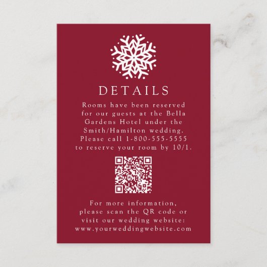Einfache Snowflake Burgund Wedding Details QR Code Begleitkarte (Vorderseite)