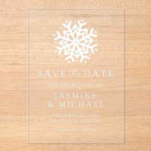 Einfache Snowflake-Hochzeit rettet das Datum Acryleinladungen (Vorderseite)