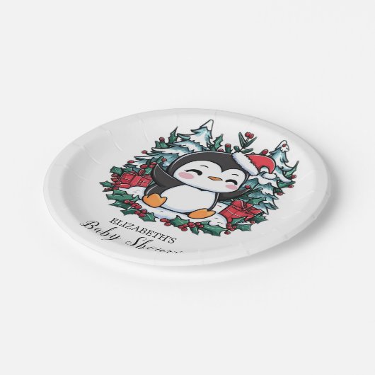 Einfache Snowflake Pinguin-Babydusche Pappteller (Schrägansicht)