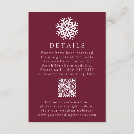 Einfache Snowflake Wine Wedding Details QR Code Begleitkarte (Vorderseite)