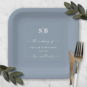 Einfache Solid Color Dusty Blue Wedding Monogram Pappteller