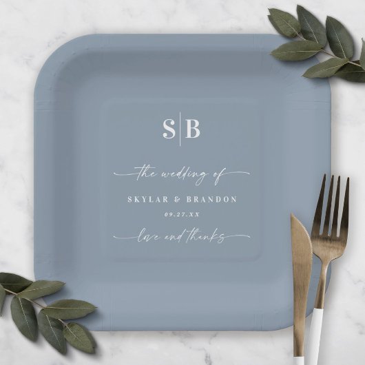 Einfache Solid Color Dusty Blue Wedding Monogram Pappteller