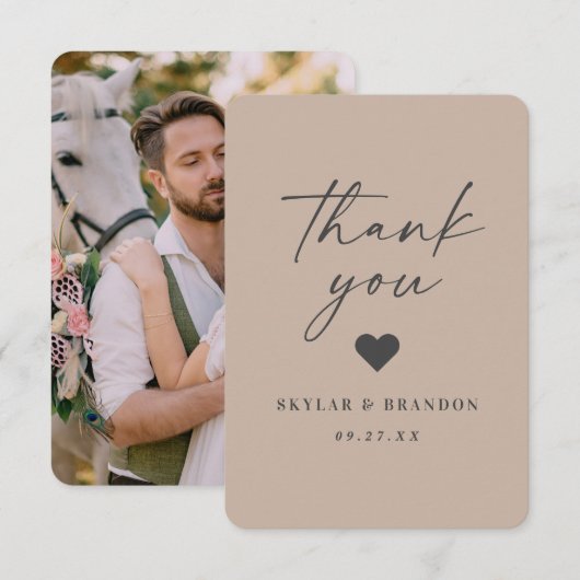 Einfache Solid Color Taupe Beige Foto Hochzeit Dankeskarte (Vorne/Hinten)