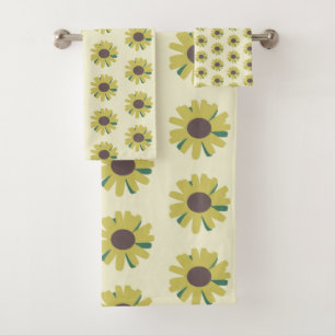 Einfache Sonnenblume Braun Grün Gelb Blumenmuster Badhandtuch Set