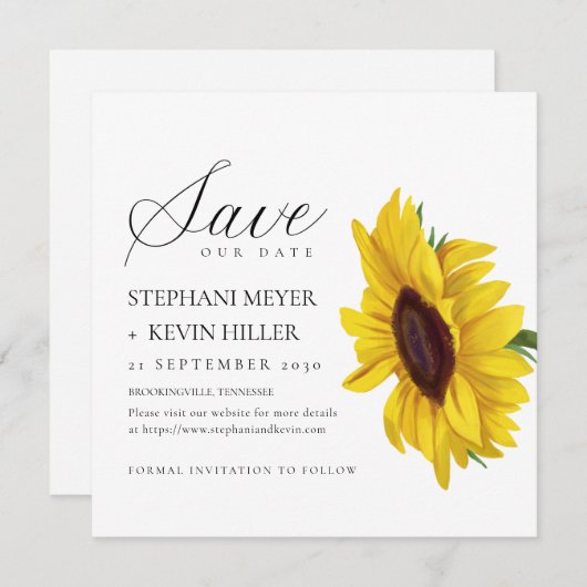 Einfache Sonnenblume Elegante Script Hochzeit Save The Date (Vorne/Hinten)