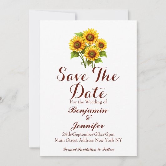 Einfache Sonnenblumenhochzeit Save The Date (Vorderseite)