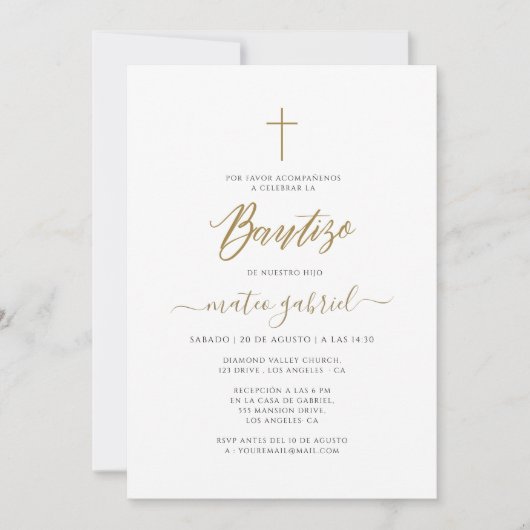 Einfache spanische Einladung De Bautizo Gold (Vorderseite)