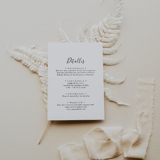 Einfache spanische Hochzeitsdetails Begleitkarte