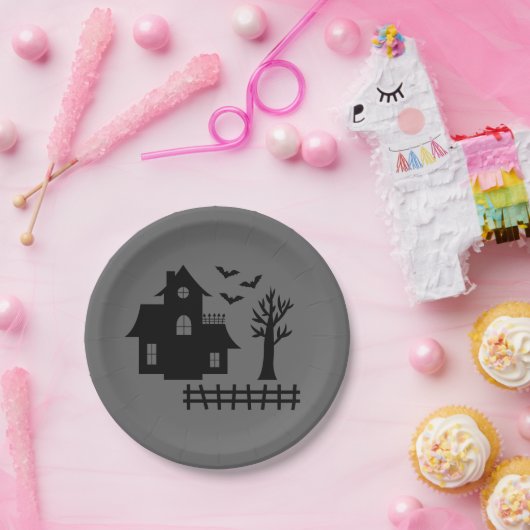 Einfache Spuk Haus-Silhouette und Fledermäuse Hall Pappteller (Party)