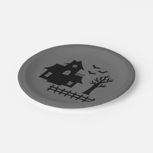 Einfache Spuk Haus-Silhouette und Fledermäuse Hall Pappteller (Schrägansicht)
