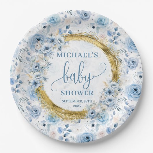 Einfache staubblaue Blumen goldfarbenes Boho Aquar Pappteller (Vorderseite)