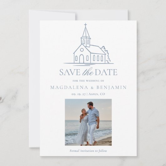 Einfache staubblaue christliche Kapelle Kirche Fot Save The Date (Vorderseite)
