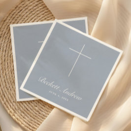 Einfache staubblaue Kreuz-Schrift-Taufe Serviette