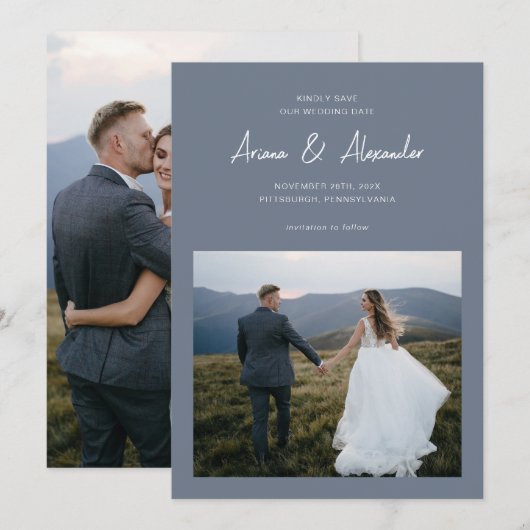 Einfache staubblaue Schriftfoto-Hochzeit Save The Date (Vorne/Hinten)