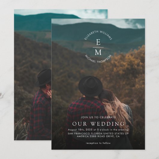 Einfache, stilvolle 2-Foto-Script-Hochzeit Einladung (Vorne/Hinten)