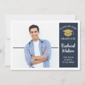 Einfache, stilvolle Blue & Gold Foto Graduation Pa Einladung (Vorderseite)