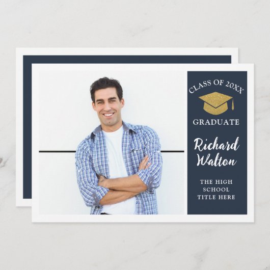 Einfache, stilvolle Blue & Gold Foto Graduation Pa Einladung (Vorne/Hinten)