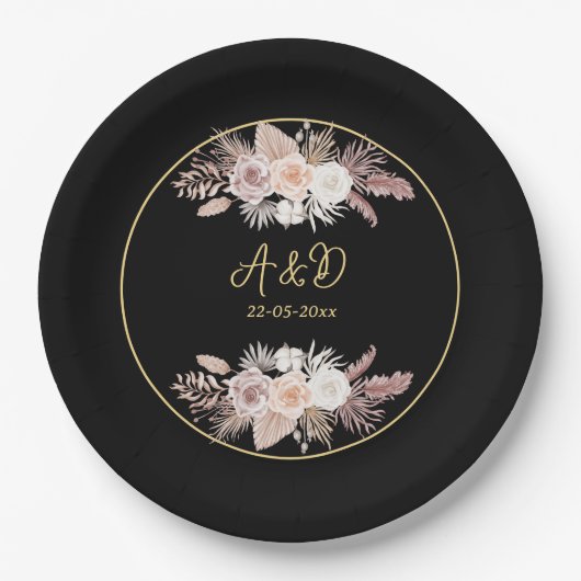 EINFACHE STILVOLLE BOHO BLACK FLORAL WEDD PAPPTELLER (Vorderseite)