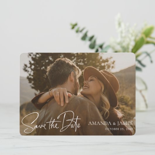 Einfache, stilvolle Foto-Hochzeit mit White Handwr Save The Date (Stehend Vorderseite)