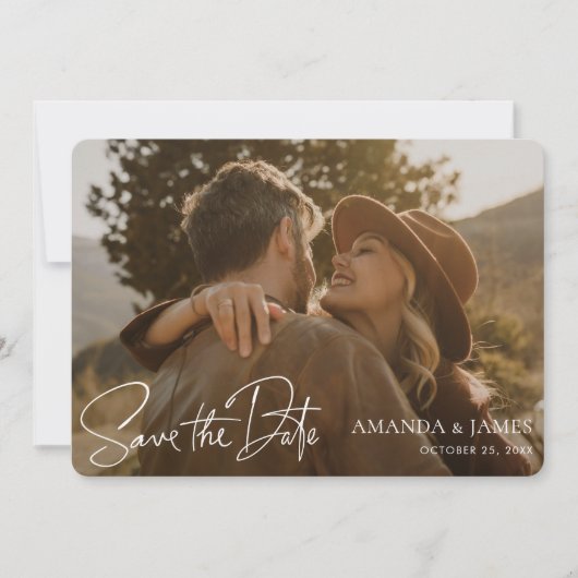 Einfache, stilvolle Foto-Hochzeit mit White Handwr Save The Date (Vorderseite)