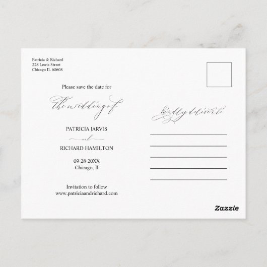 Einfache, stilvolle Hochzeit speichern Sie das Dat Postkarte (Rückseite)