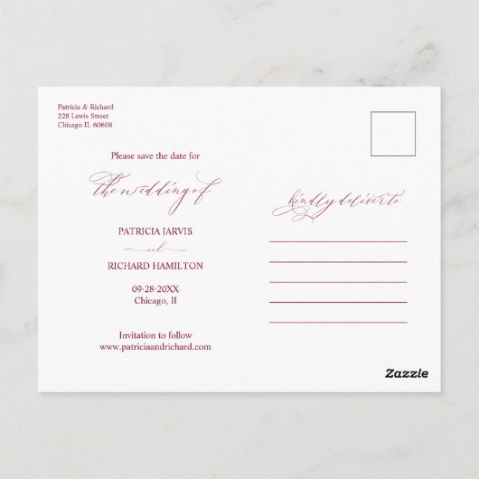 Einfache, stilvolle Hochzeit speichern Sie das Dat Postkarte (Rückseite)