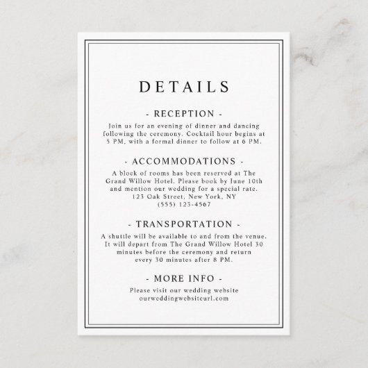 Einfache, stilvolle Klassik-Typografie-Hochzeitsde Begleitkarte (Vorderseite)