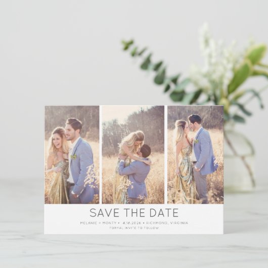 Einfache, stilvolle moderne Multi-Foto-Hochzeit Save The Date (Stehend Vorderseite)