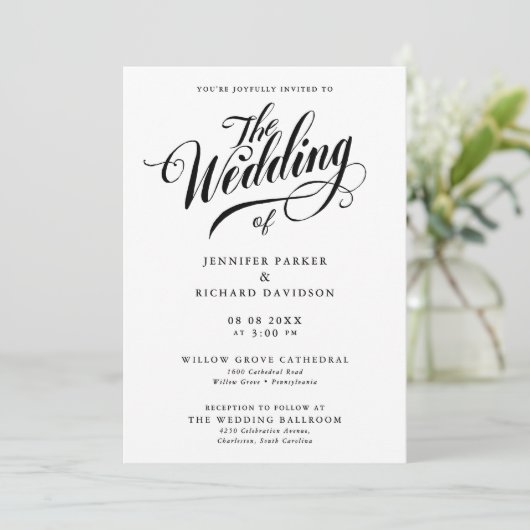 Einfache, stilvolle Schwarz-Weiß-Kalligrafie-Hochz Einladung (Stehend Vorderseite)