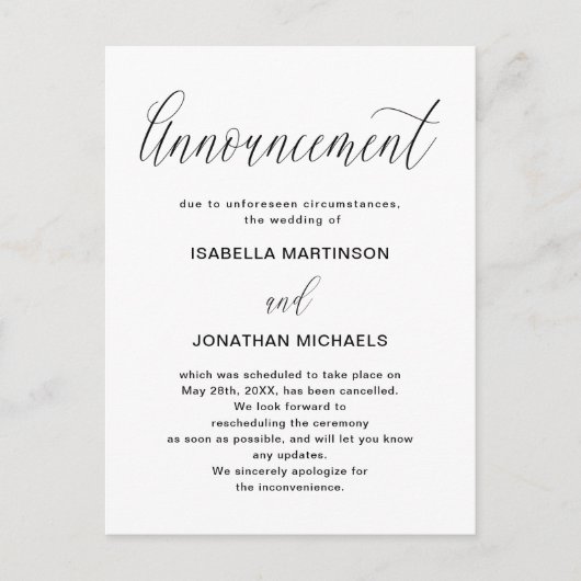 Einfache Stornierung einer Hochzeit Ankündigungspostkarte (Vorderseite)