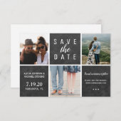 Einfache Tafel weiß 3 Foto Collage Hochzeit Save The Date (Vorne/Hinten)