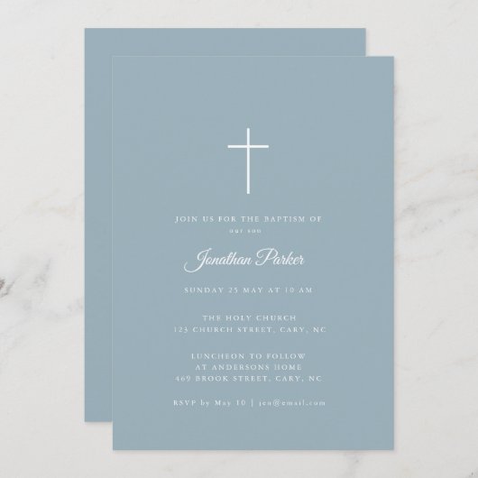 Einfache Taufe in Dusty Blau und Weiß Einladung (Vorne/Hinten)