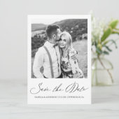 Einfache Taupe Calligraphy Foto Wedding Save The Date (Stehend Vorderseite)