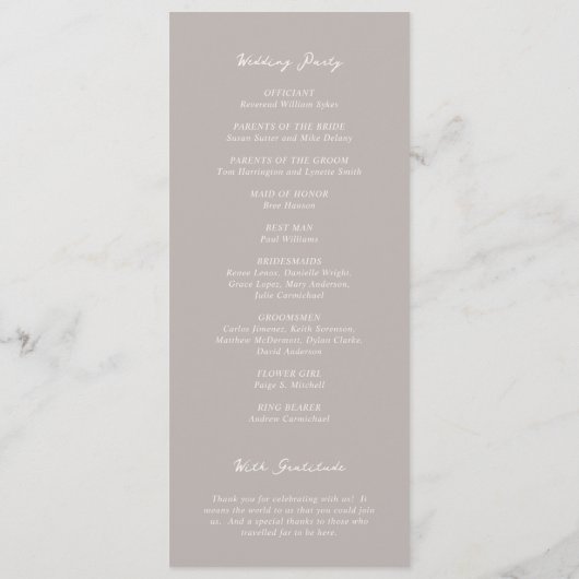 Einfache Taupe Elegante Hochzeit Programm (Rückseite)