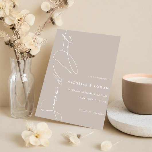 Einfache Taupe Moderne handgeschriebene Skripte Save The Date