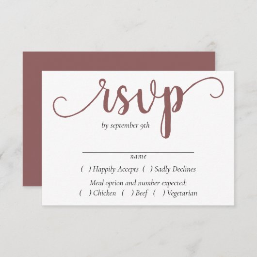 Einfache Taupe-Script | Wüste Rose Event Entree RSVP Karte (Vorne/Hinten)