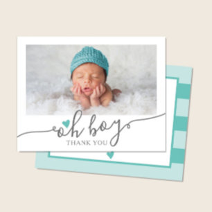 Einfache Teal-Herz-Jungen-Baby-Party-Foto Danke