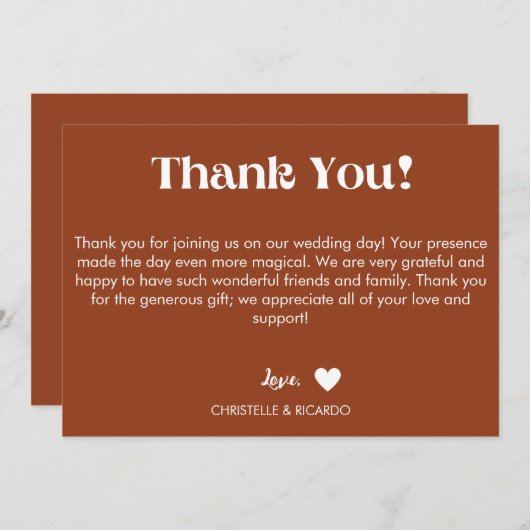 Einfache Terracotta Brennen Skript Hochzeit danke Ankündigung (Vorne/Hinten)