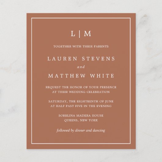 Einfache Terracotta Monogram Hochzeit Einladung (Vorderseite)