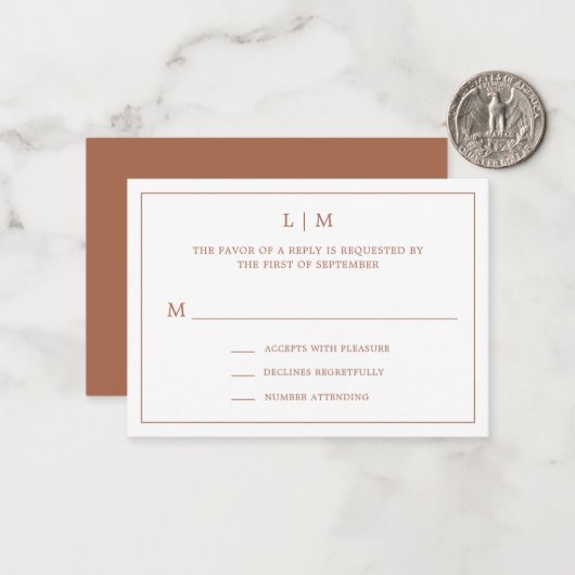Einfache Terracotta Monogram Mini Wedding RSVP Mitteilungskarte (Vorderseite/Rückseite Beispiel)
