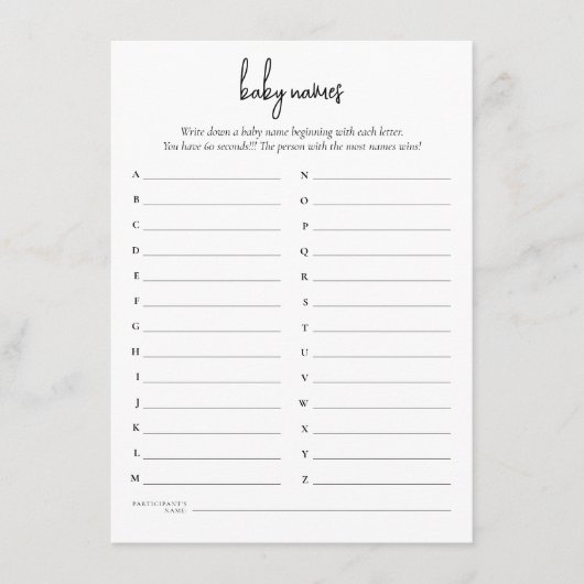 Einfache Text Baby Names Duschspielkarte Einladung (Vorderseite)