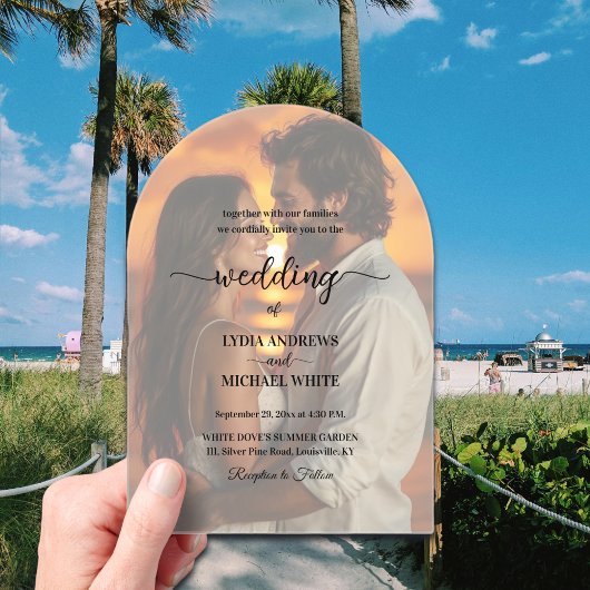 Einfache Text-Overlay-Foto-Hochzeit Acryleinladungen